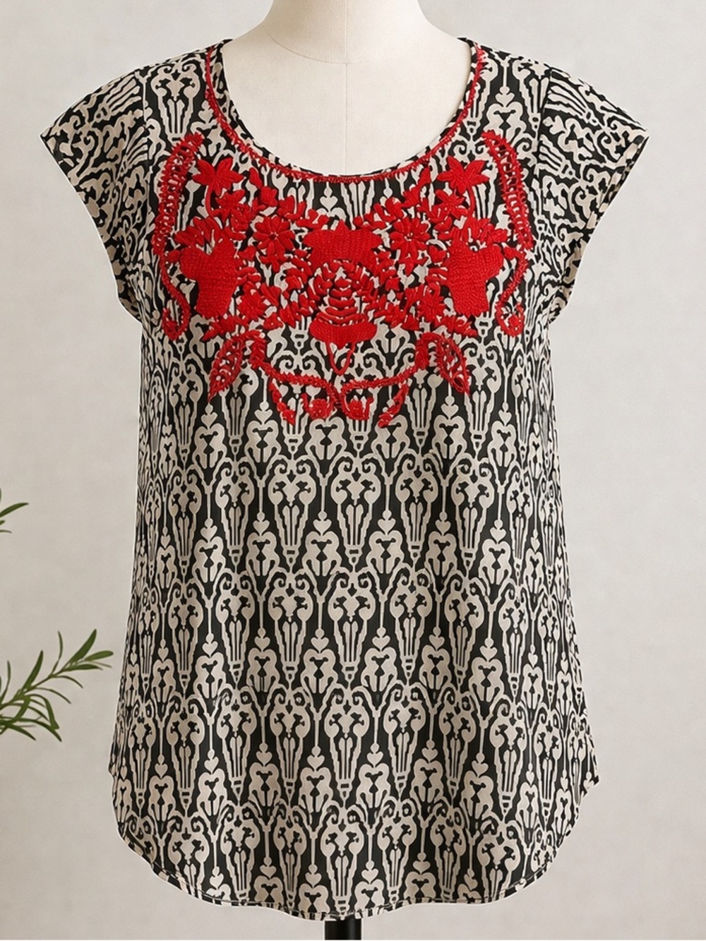 THML Black & White Patterned Cap-Sleeve Blouse with Red Embroidered Yoke